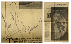 Neil Armstrong Signed New York Times Supplement From 17 July 1969 Entitled Man and the Moon -- Armstrong Signed His Name and Mission Apollo 11